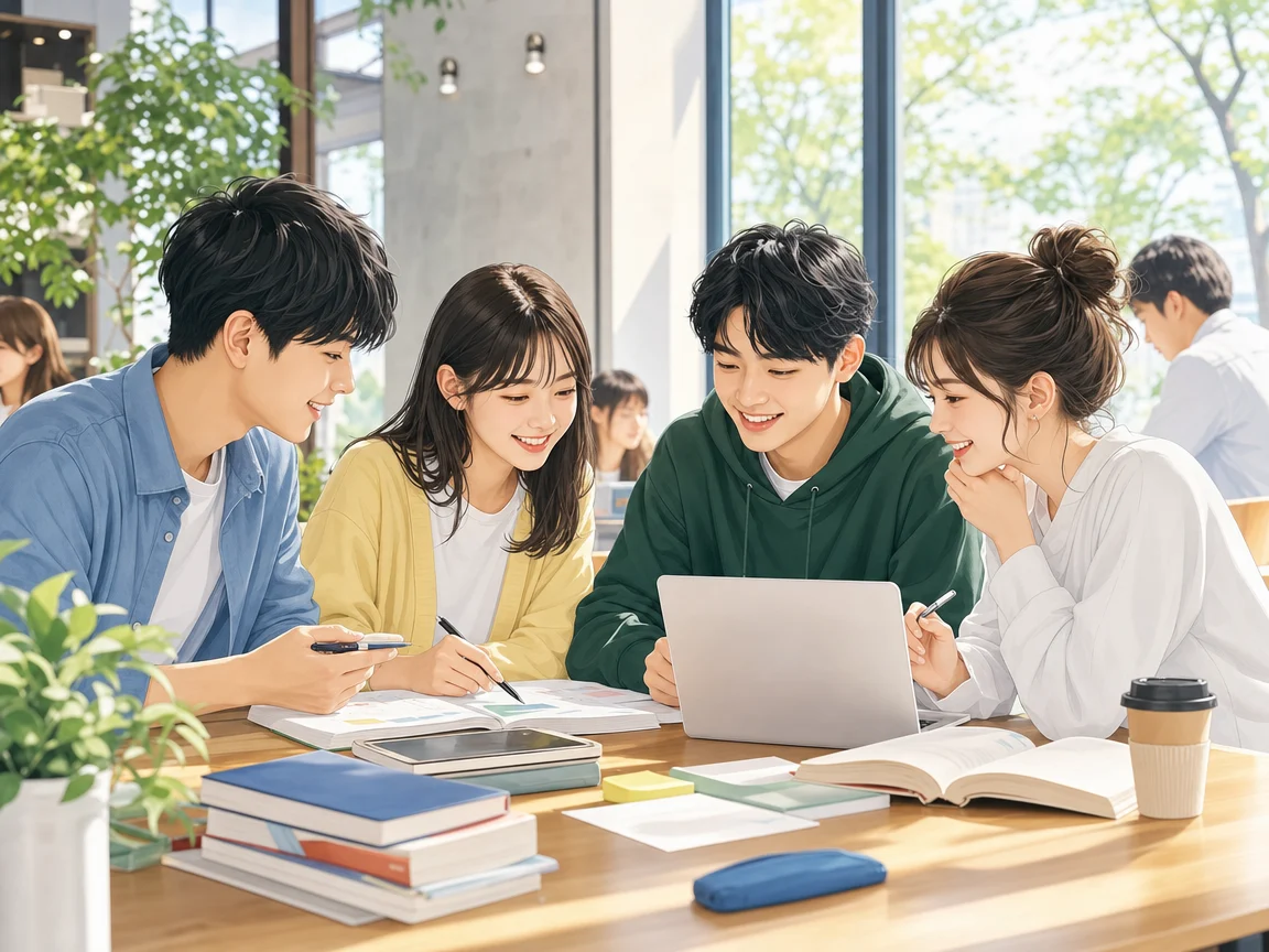 楽しく学ぶ学生 01。楽しく学ぶ学生をテーマにした、商用制作で使いやすいAI素材です。