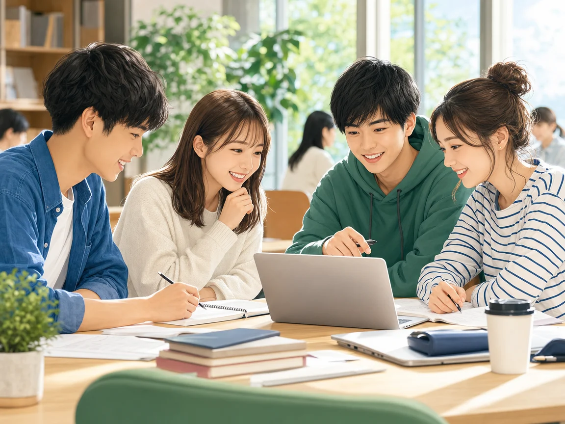 楽しく学ぶ学生 02。楽しく学ぶ学生をテーマにした、商用制作で使いやすいAI素材です。