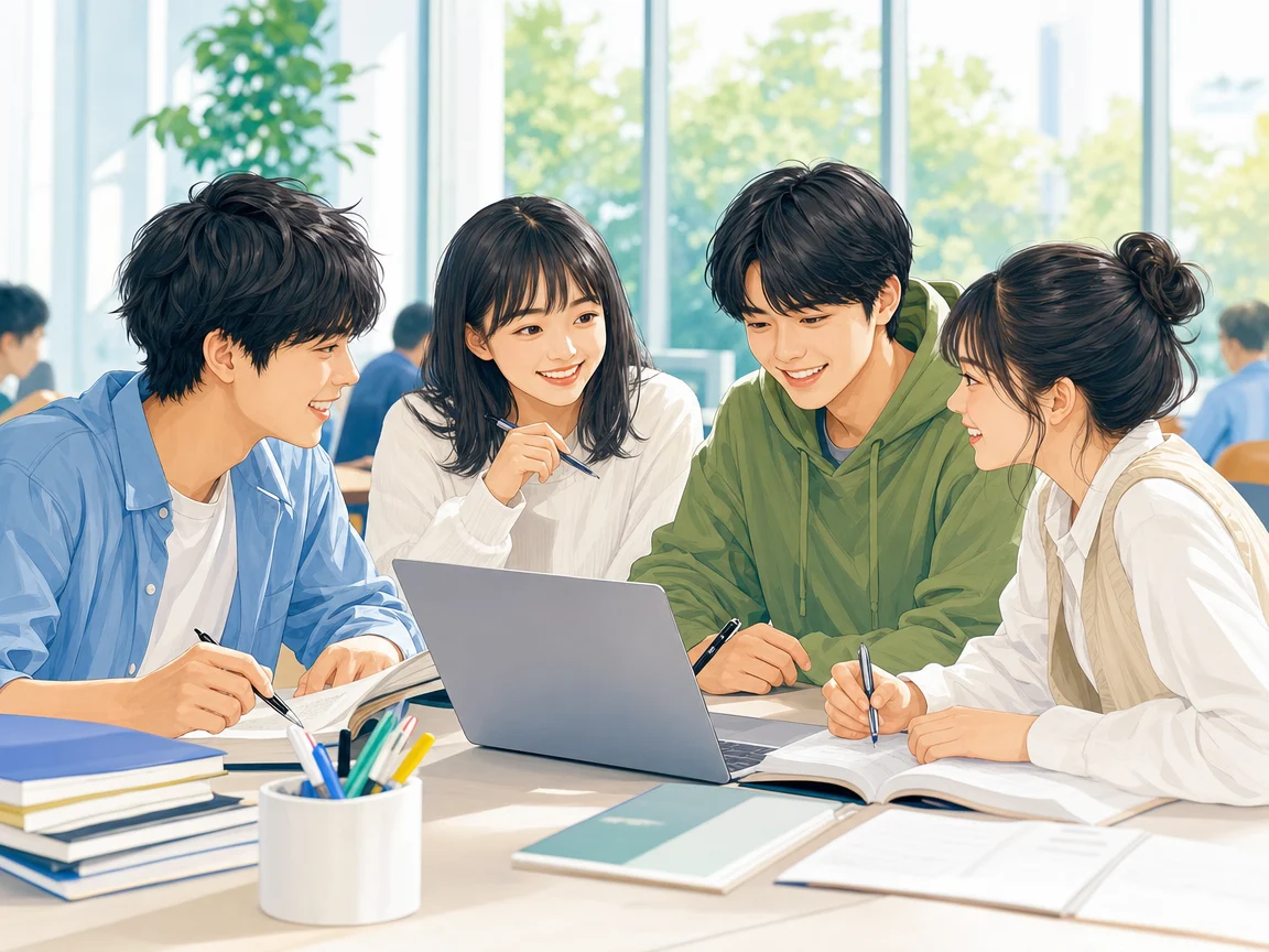 楽しく学ぶ学生 04。楽しく学ぶ学生をテーマにした、商用制作で使いやすいAI素材です。