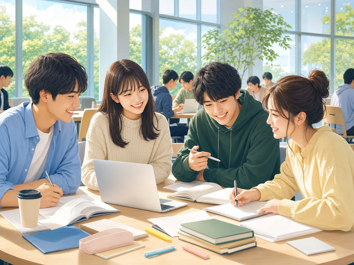 楽しく学ぶ学生 10。楽しく学ぶ学生をテーマにした、商用制作で使いやすいAI素材です。