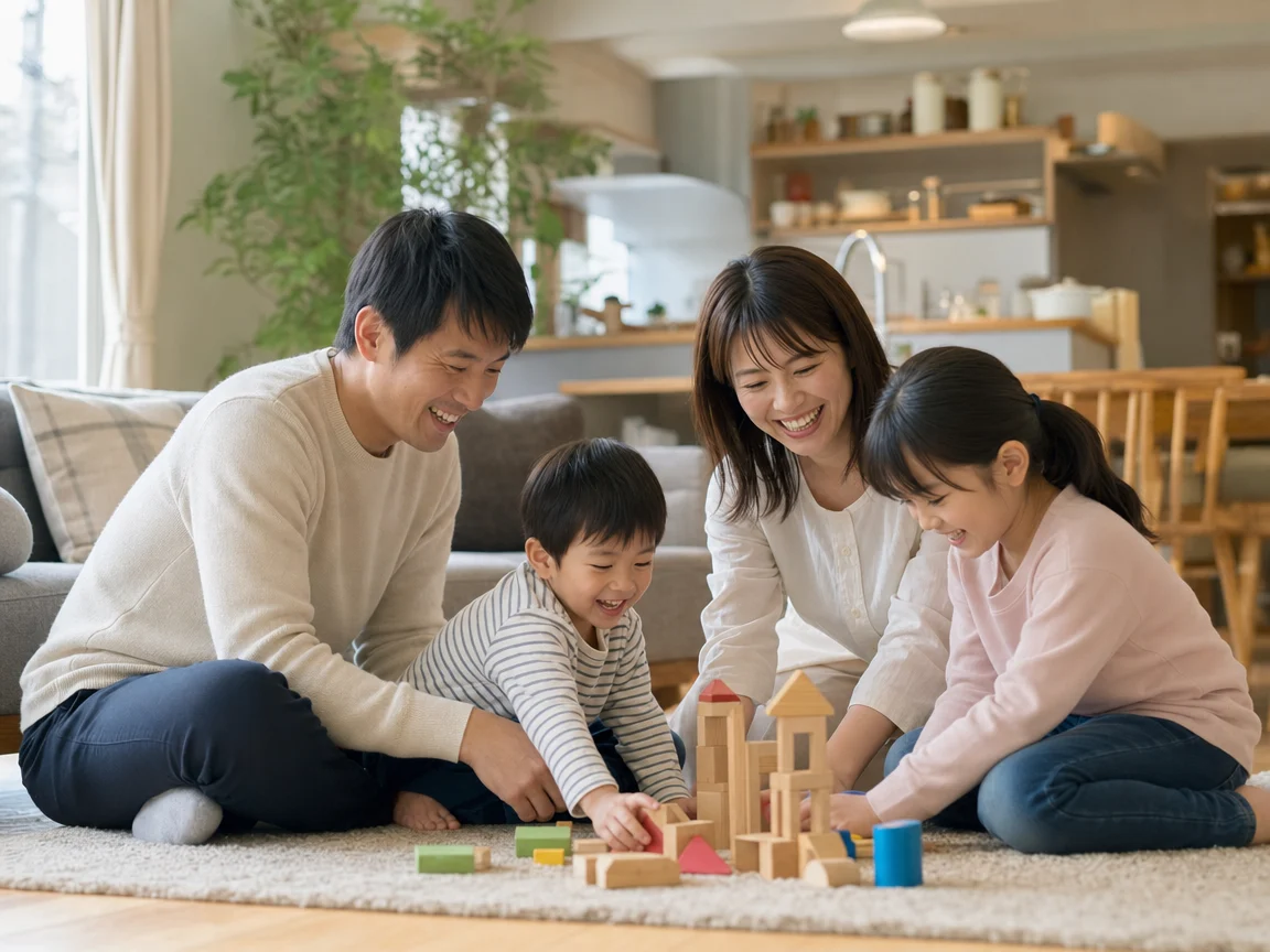 自然な笑顔の家族 01。自然な笑顔の家族をテーマにした、商用制作で使いやすいAI素材です。
