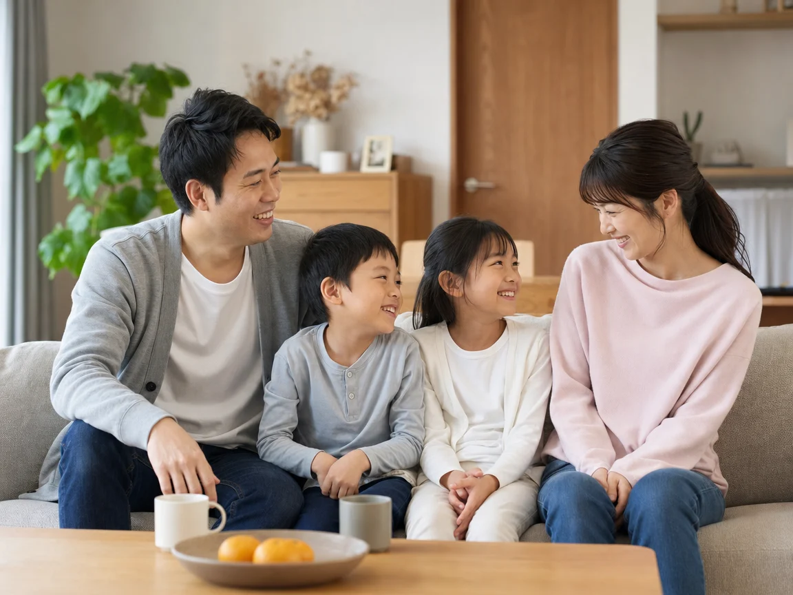 自然な笑顔の家族 02。自然な笑顔の家族をテーマにした、商用制作で使いやすいAI素材です。