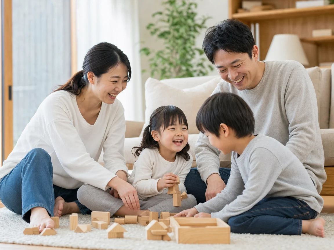 自然な笑顔の家族 03。自然な笑顔の家族をテーマにした、商用制作で使いやすいAI素材です。