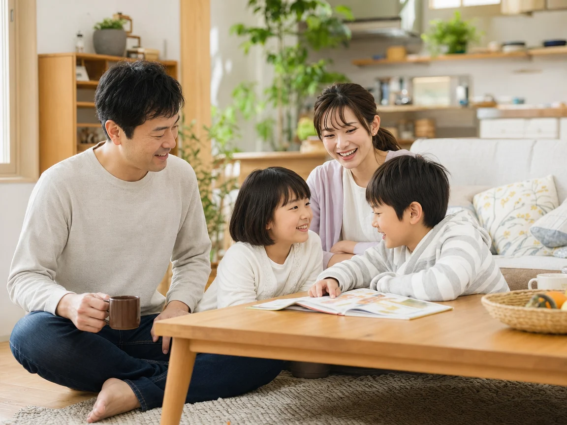 自然な笑顔の家族 04。自然な笑顔の家族をテーマにした、商用制作で使いやすいAI素材です。