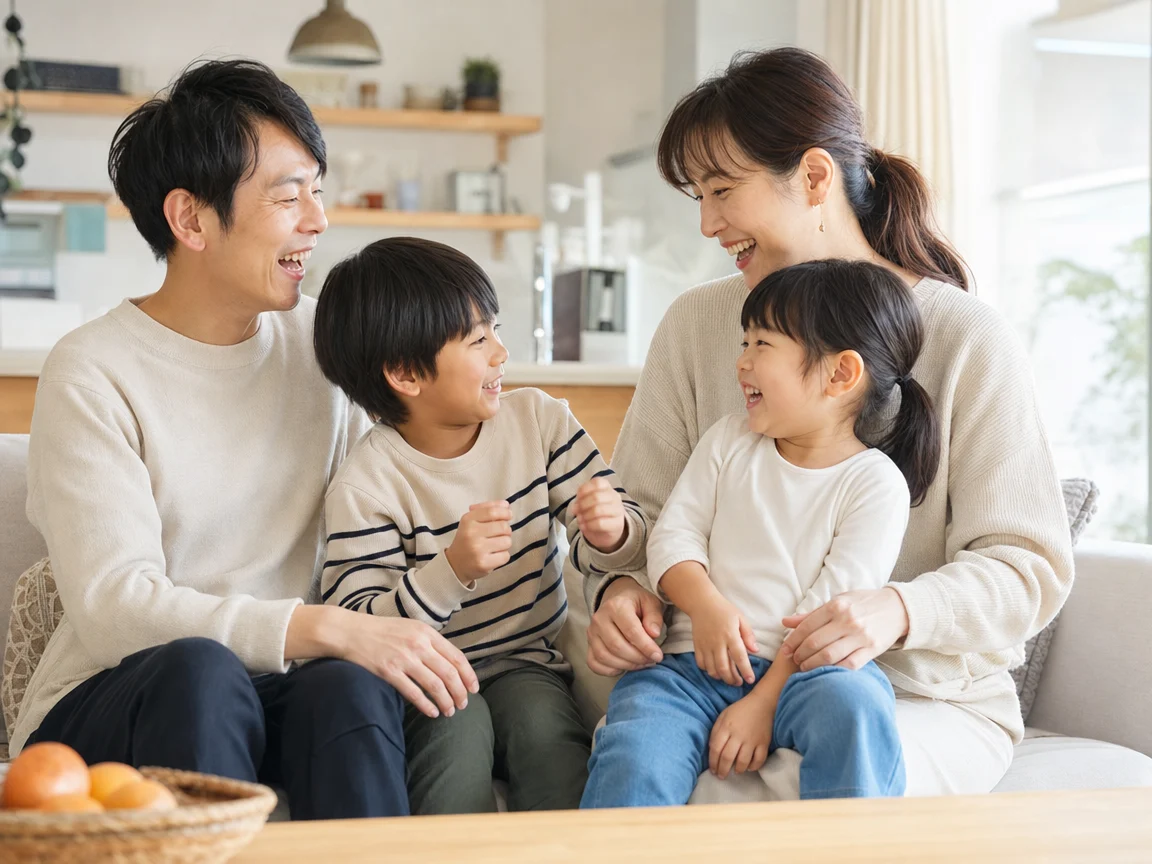 自然な笑顔の家族 05。自然な笑顔の家族をテーマにした、商用制作で使いやすいAI素材です。