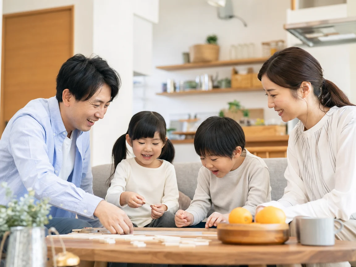自然な笑顔の家族 07。自然な笑顔の家族をテーマにした、商用制作で使いやすいAI素材です。