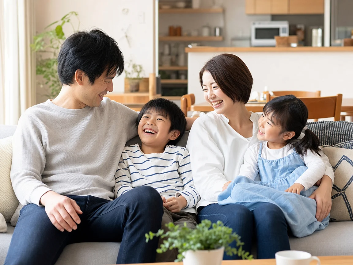 自然な笑顔の家族 08。自然な笑顔の家族をテーマにした、商用制作で使いやすいAI素材です。