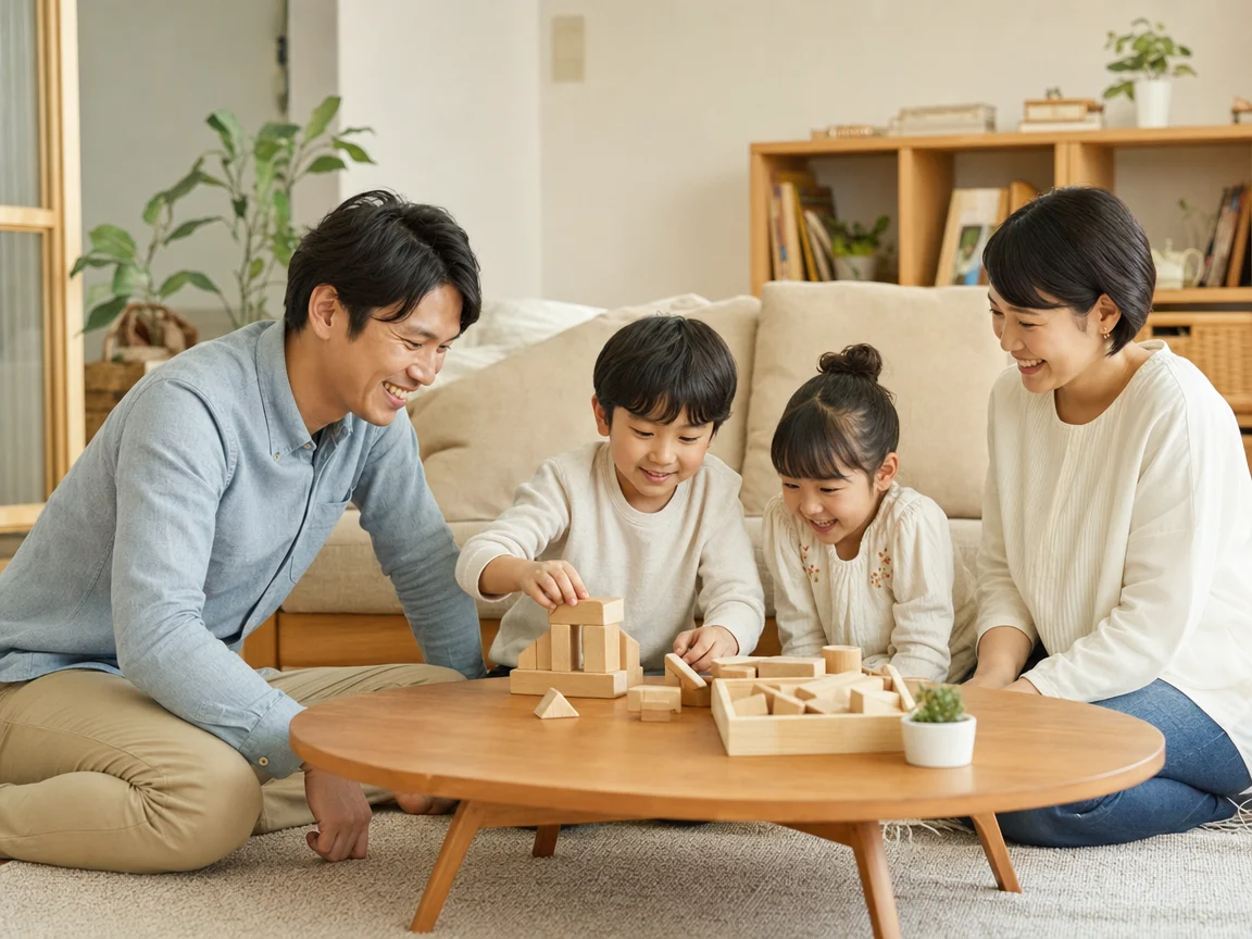 自然な笑顔の家族 09。自然な笑顔の家族をテーマにした、商用制作で使いやすいAI素材です。