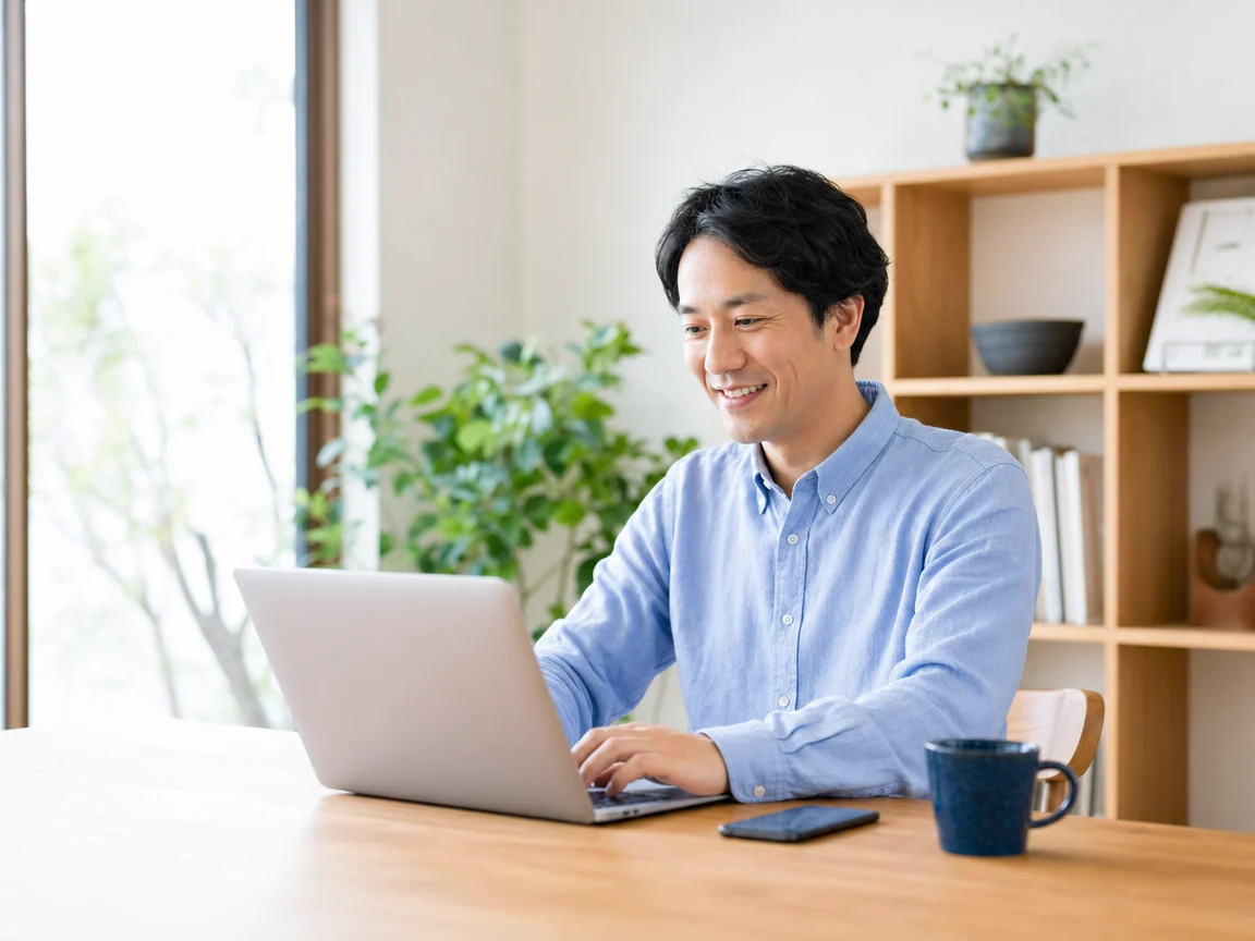 自宅で快適に働く人 01。自宅で快適に働く人をテーマにした、商用制作で使いやすいAI素材です。