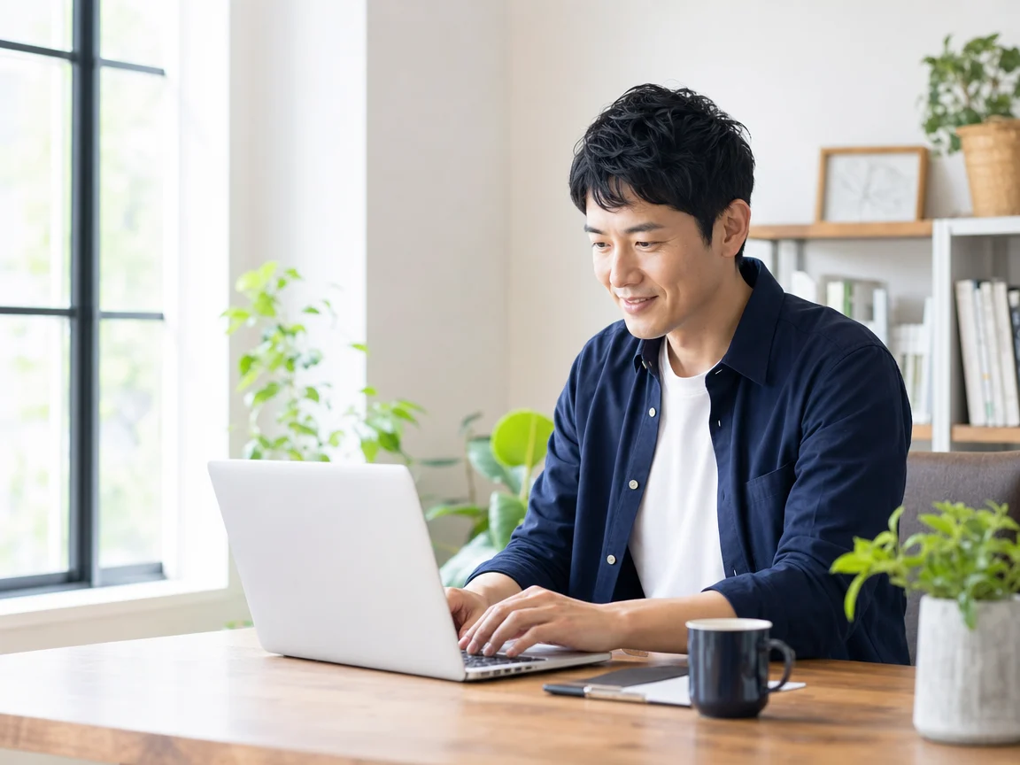 自宅で快適に働く人 02。自宅で快適に働く人をテーマにした、商用制作で使いやすいAI素材です。