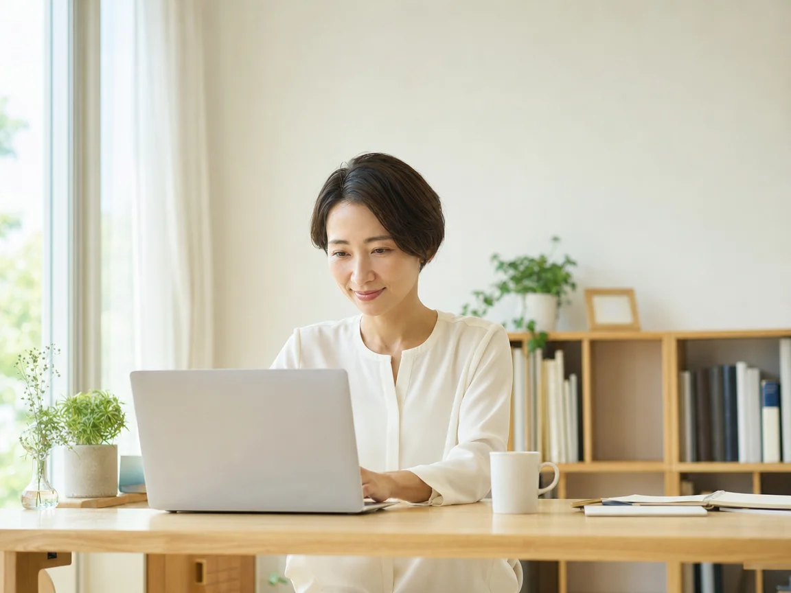 自宅で快適に働く人 03。自宅で快適に働く人をテーマにした、商用制作で使いやすいAI素材です。