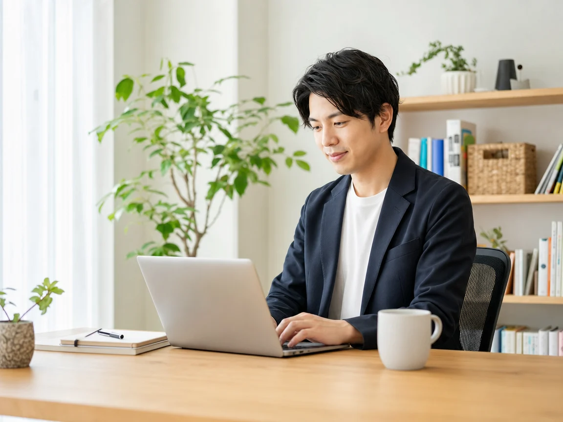 自宅で快適に働く人 04。自宅で快適に働く人をテーマにした、商用制作で使いやすいAI素材です。