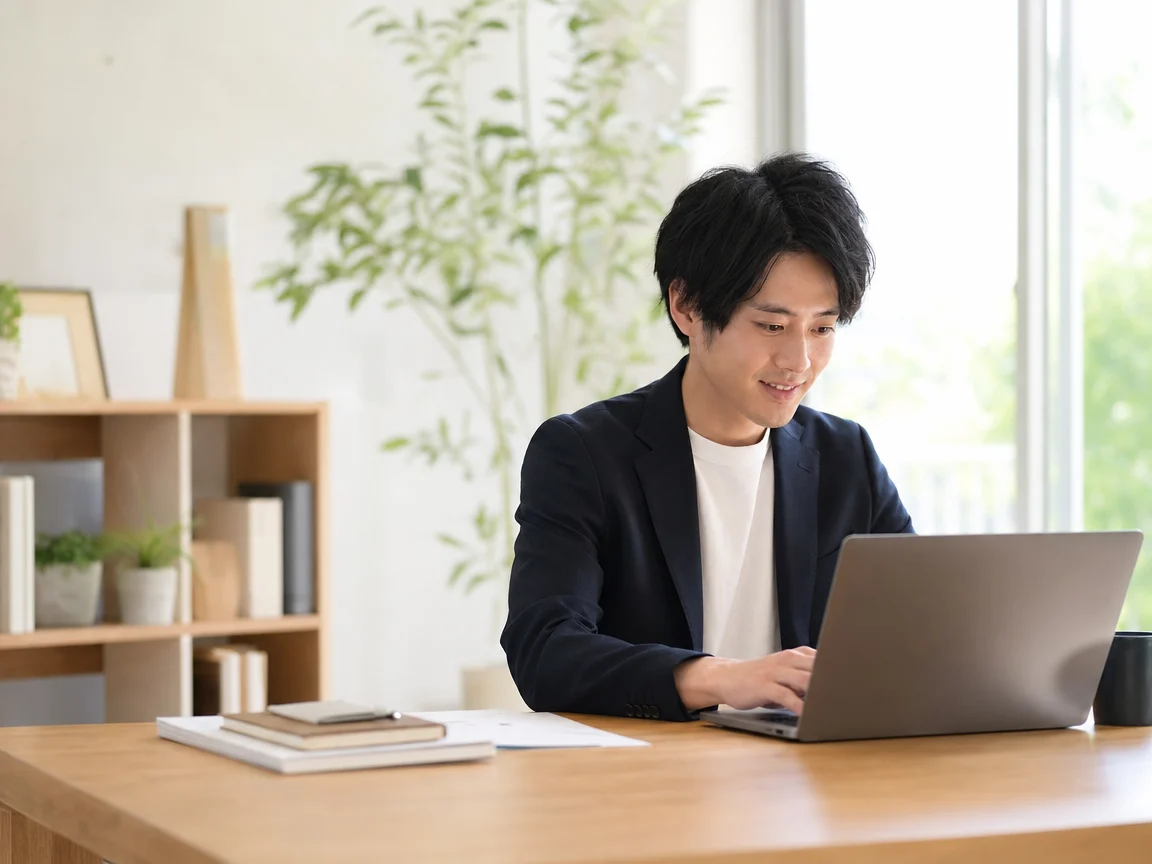 自宅で快適に働く人 06。自宅で快適に働く人をテーマにした、商用制作で使いやすいAI素材です。