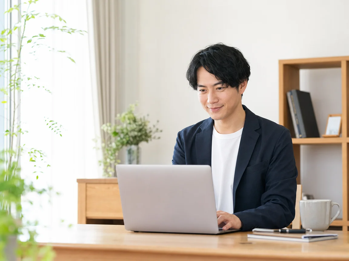 自宅で快適に働く人 07。自宅で快適に働く人をテーマにした、商用制作で使いやすいAI素材です。