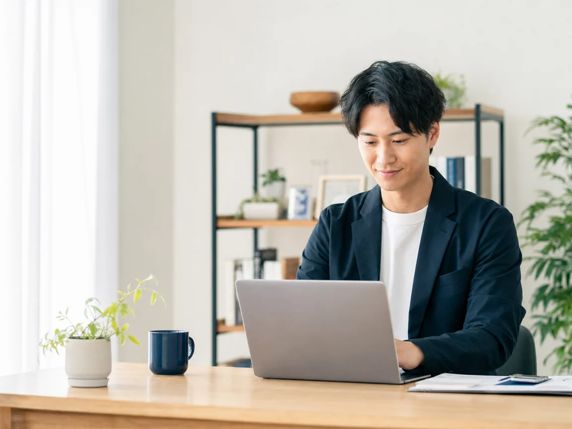 自宅で快適に働く人 08。自宅で快適に働く人をテーマにした、商用制作で使いやすいAI素材です。