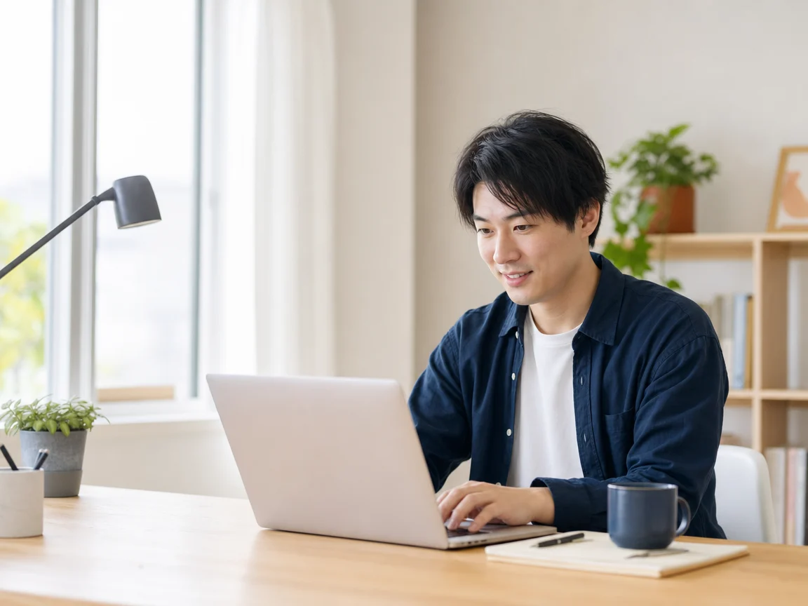 自宅で快適に働く人 09。自宅で快適に働く人をテーマにした、商用制作で使いやすいAI素材です。