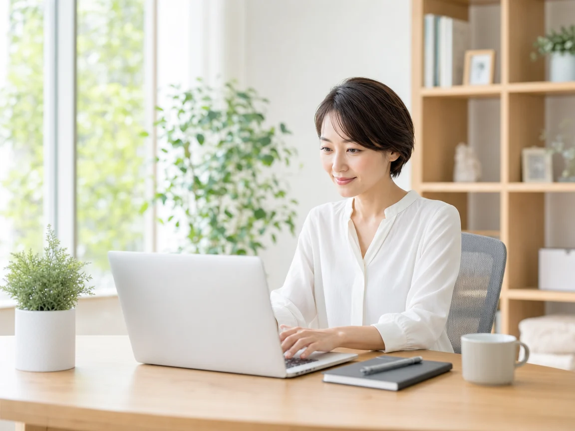 自宅で快適に働く人 10。自宅で快適に働く人をテーマにした、商用制作で使いやすいAI素材です。