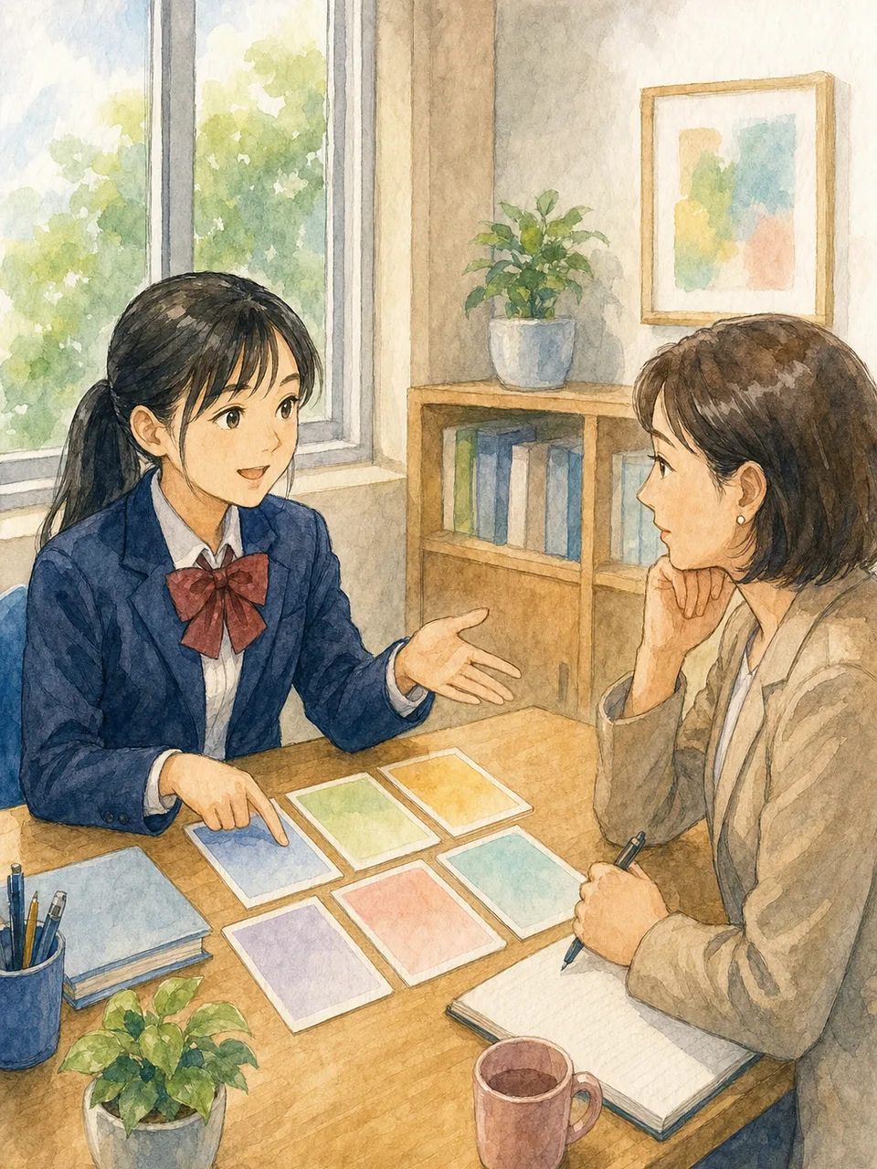 進路相談をする日本人高校生と教師（手描き水彩）。進路相談、高校生、キャリア教育、進学の記事向け素材です。