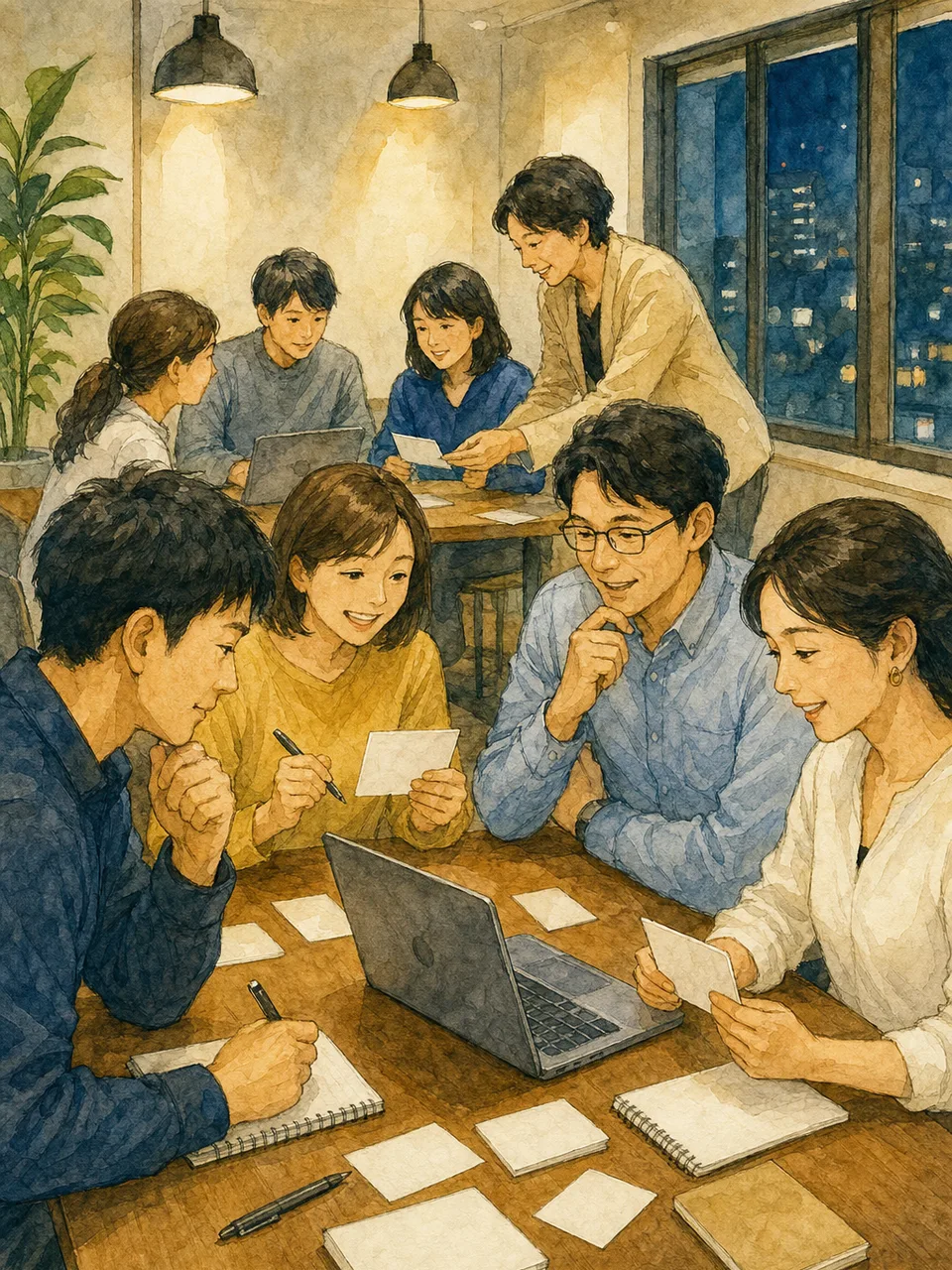 社会人学習に取り組む日本人（手描き水彩）。社会人学習、学び直し、リスキリング、成人教育の記事向け素材です。