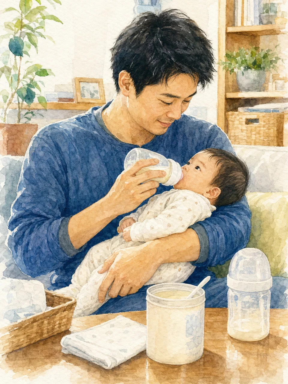 赤ちゃんを世話する日本人の父親（手描き水彩）。男性の育児参加、育休、家族サービスを伝えられる、父親と乳児の生活素材です。