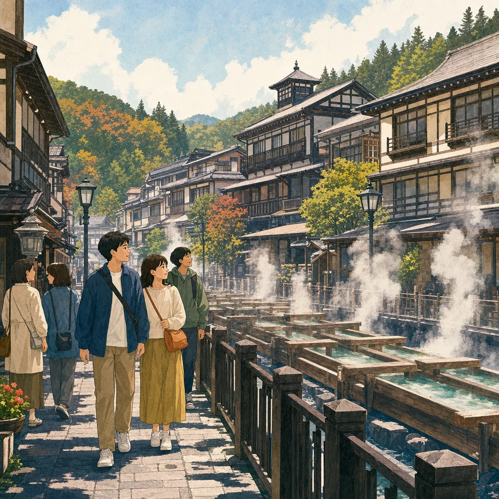 群馬の温泉街を歩く旅行者（編集記事向け）。群馬旅行、温泉街、温泉旅行、関東旅行の記事や案内に使える商用素材です。