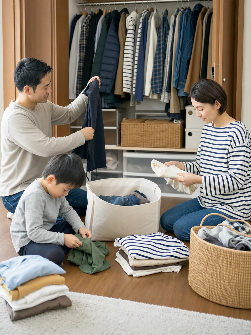 衣替えをする日本人（自然な縦位置写真）。衣替え、季節の家事、収納、暮らしの記事向け素材です。