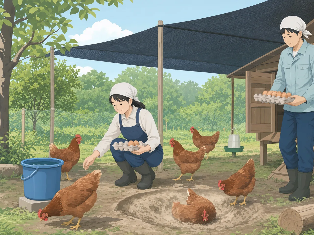 ニワトリを世話する日本人農家（フラットイラスト）。ニワトリ、養鶏、農業、動物福祉の記事向け素材です。