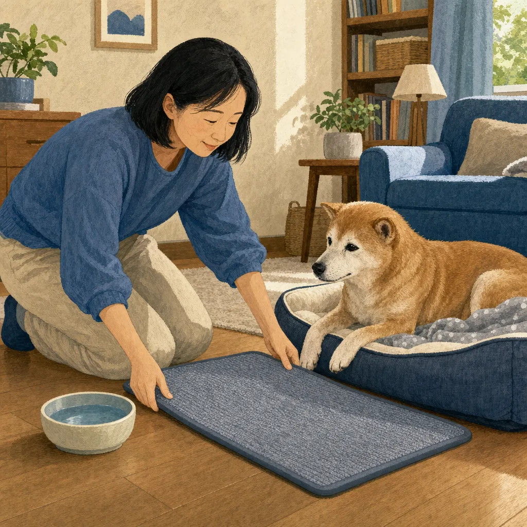老犬をやさしく見守る日本人（編集記事向け）。老犬介護、シニア犬、ペットケア、暮らしの記事向け素材です。