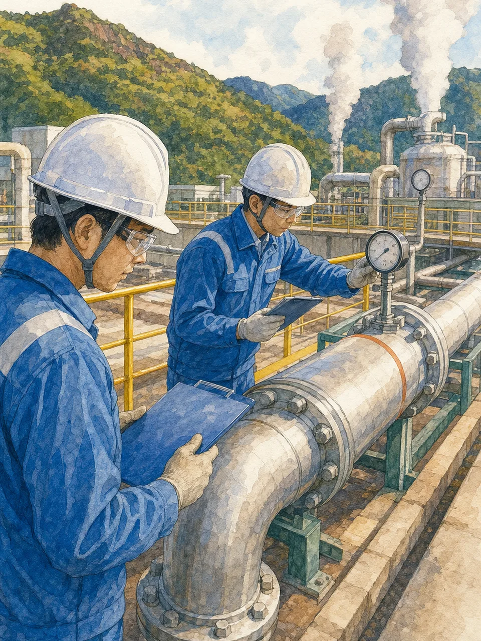 地熱発電所を監視する日本人技術者（手描き水彩）。地熱発電、再生可能エネルギー、発電所、設備点検の記事や案内に使える商用素材です。