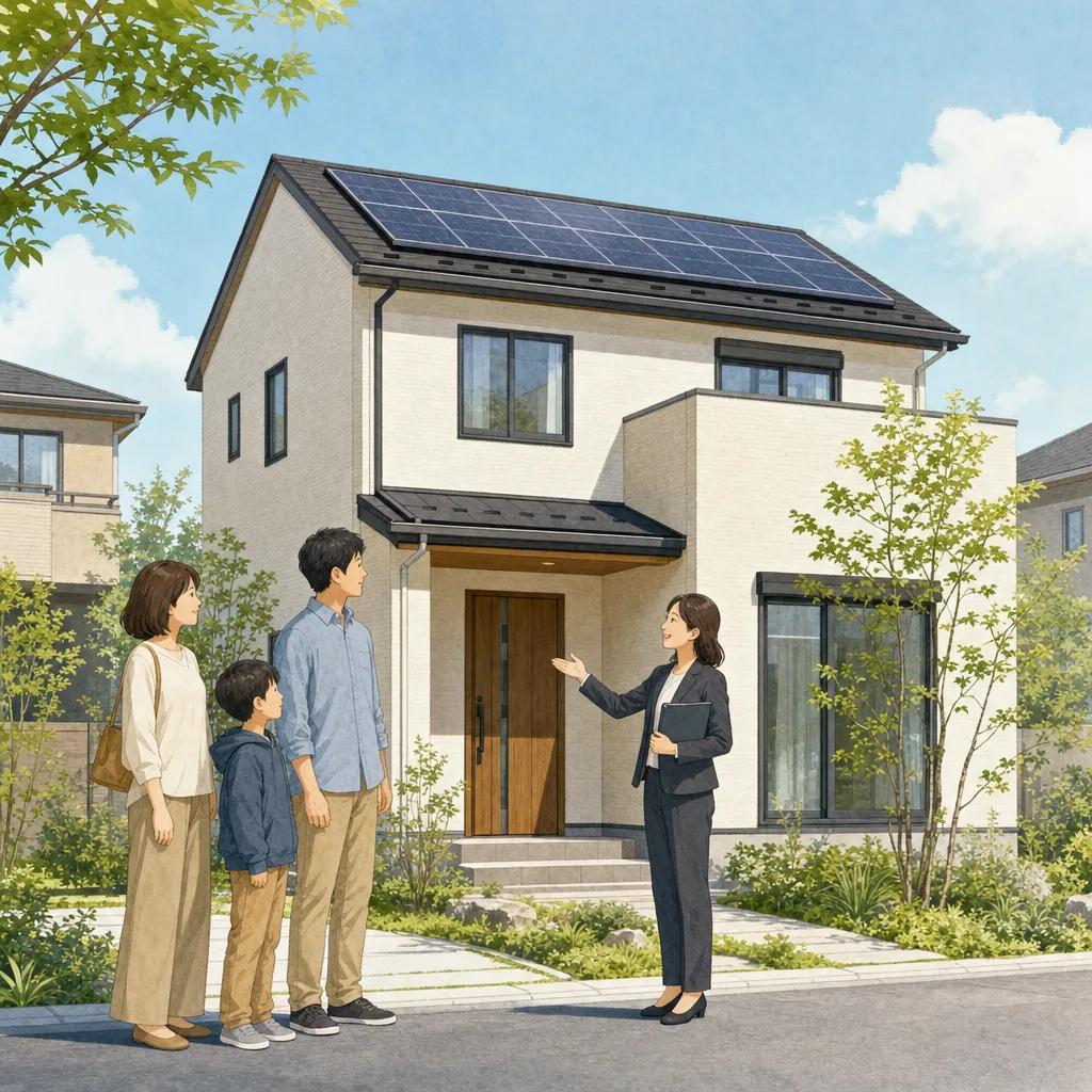 太陽光発電を備えた省エネ住宅（編集記事向け）。省エネ住宅、太陽光発電、脱炭素、住宅設備の記事向け素材です。