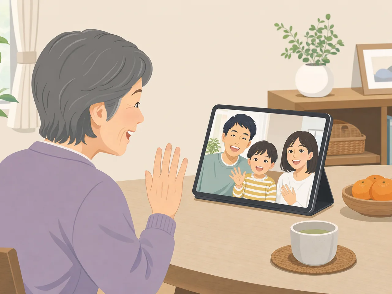 ビデオ通話でつながる日本人の遠距離家族（フラットイラスト）。遠距離家族、ビデオ通話、家族交流、オンラインの記事向け素材です。