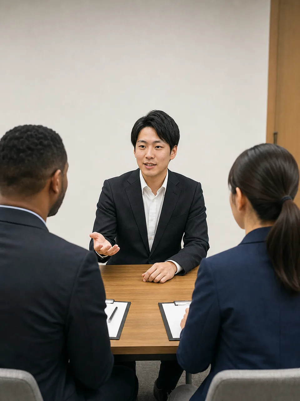 就職面接に臨む日本人求職者（自然な縦位置写真）。就職面接、採用、求職者、対話の記事向け素材です。
