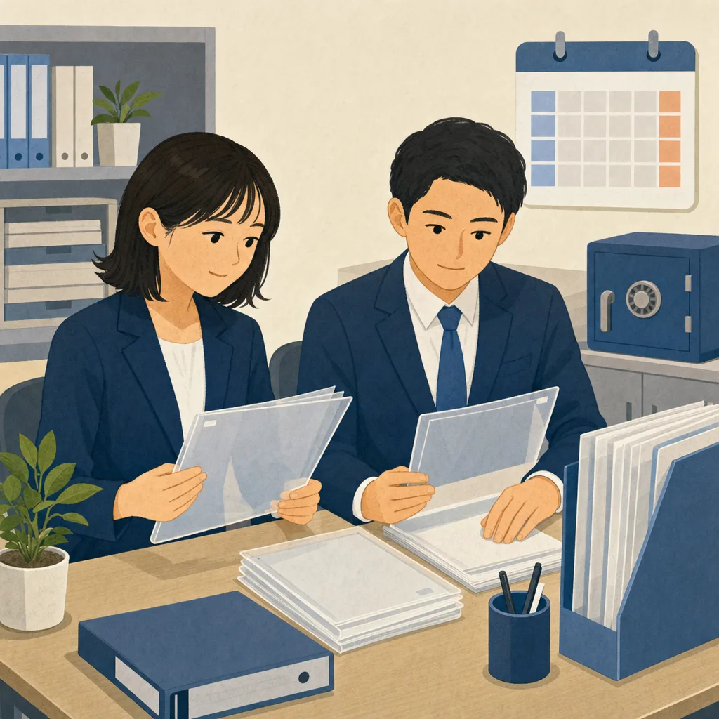 年末調整を確認する日本人人事担当者（編集記事向け）。年末調整の社内確認、人事の年末調整業務、年末調整、給与計算の記事や案内に使える商用素材です。