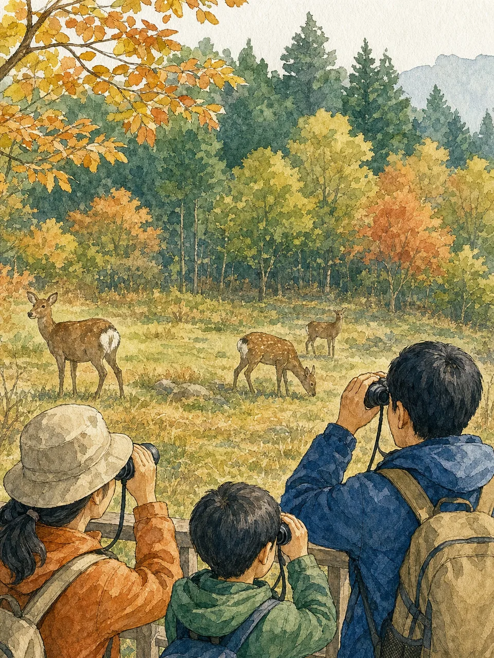野生のシカを観察する日本人（手描き水彩）。野生のシカ、ニホンジカ、野生動物観察、自然観察の記事や案内に使える商用素材です。