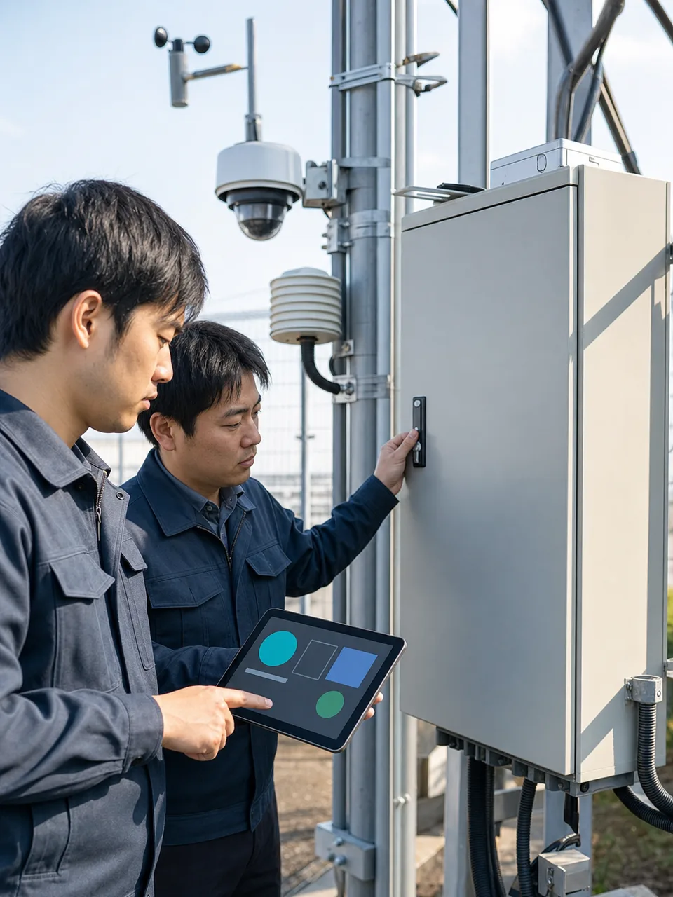 エッジコンピューティングを運用する日本人（自然な縦位置写真）。エッジコンピューティング、IoT、分散処理、システム運用の記事や案内に使える商用素材です。