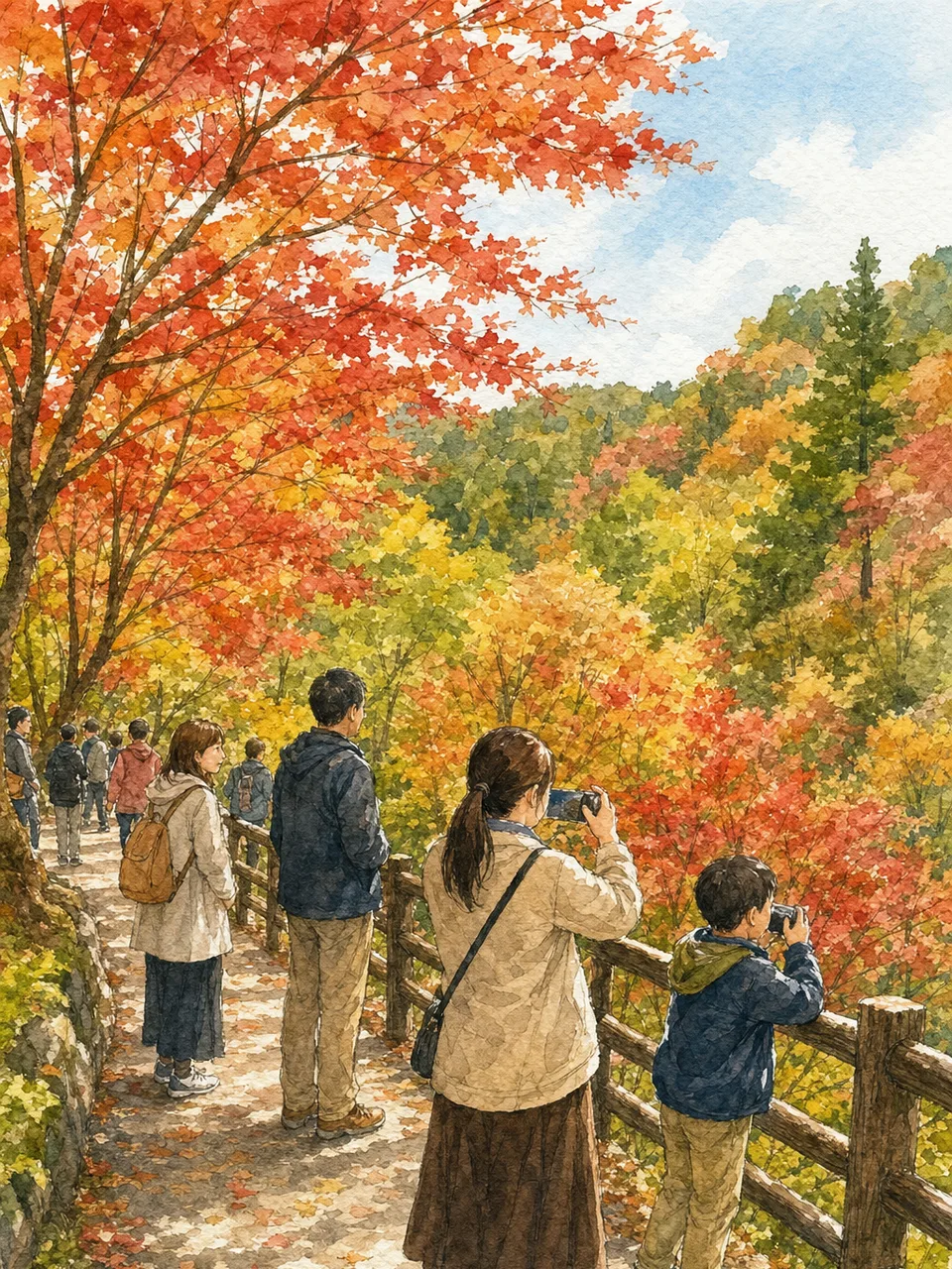 紅葉狩りを楽しむ日本人（手描き水彩）。紅葉狩り、秋、散策、国内旅行の記事向け素材です。