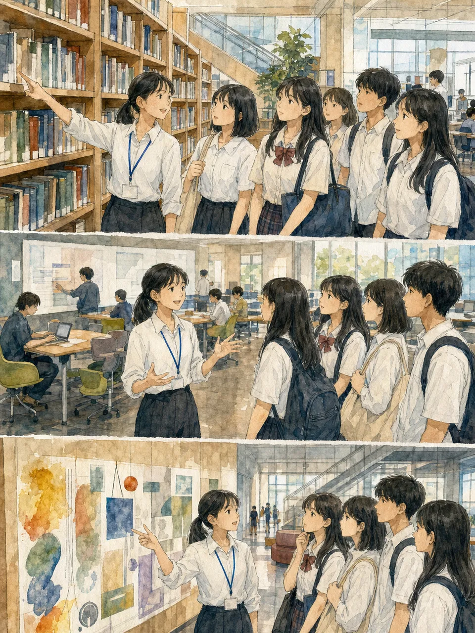 オープンキャンパスを見学する日本人高校生（手描き水彩）。オープンキャンパス、大学選び、高校生、進路の記事向け素材です。