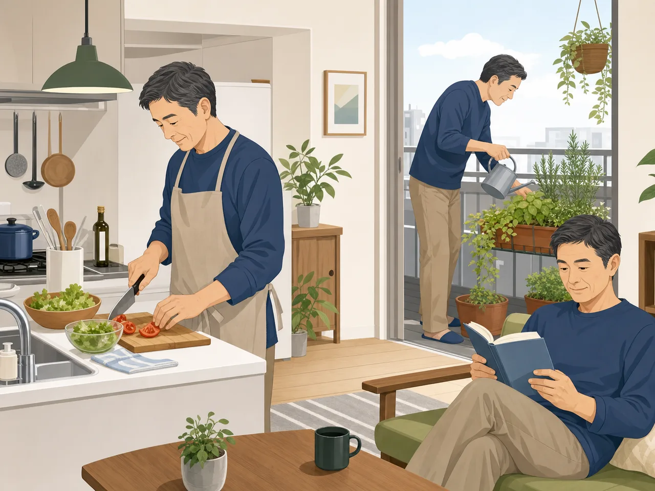 日々を楽しむ日本人の中年男性（フラットイラスト）。中年男性、日常生活、趣味、健康的な暮らしの記事向け素材です。