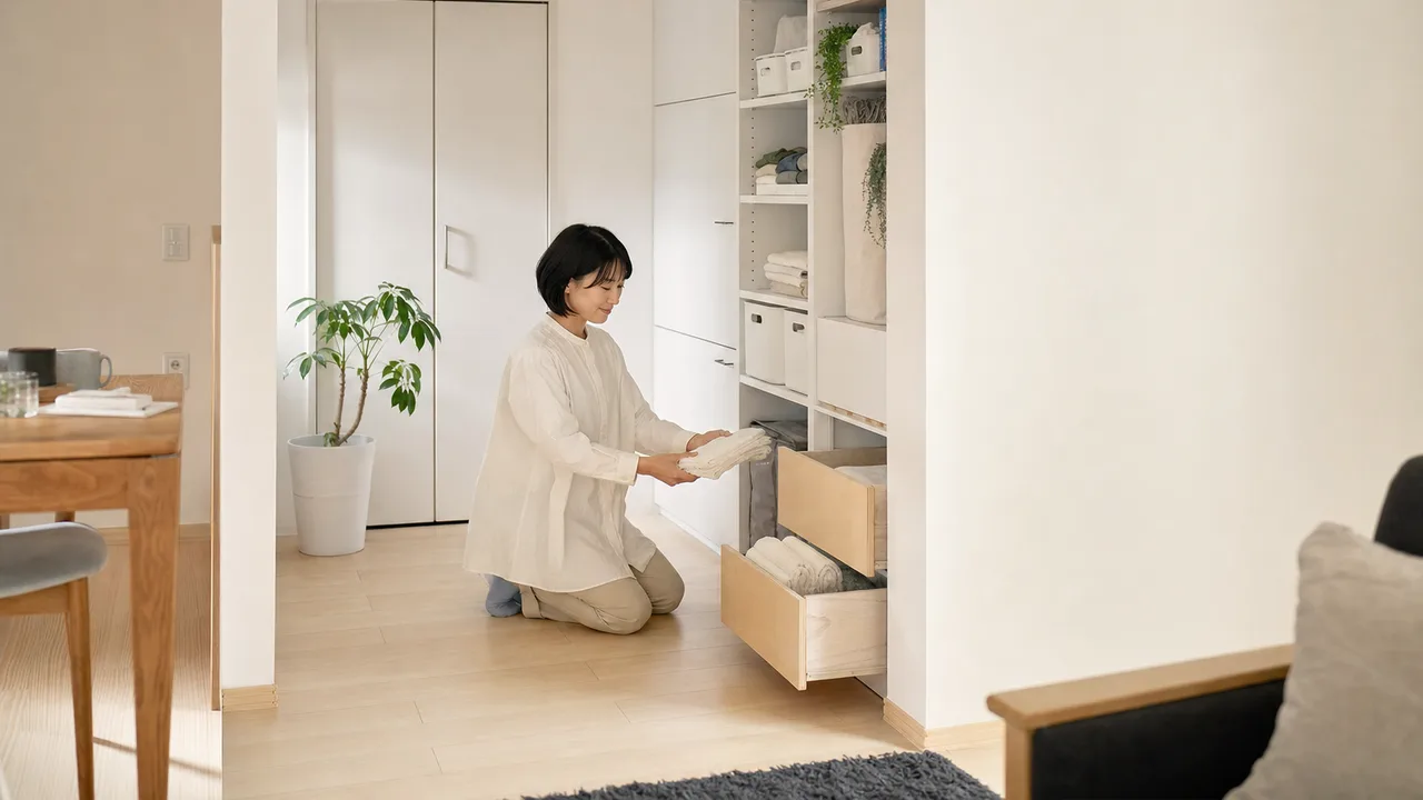 狭小住宅の収納を工夫する日本人（横長・コピースペース）。狭小住宅収納、収納アイデア、小さな住まい、整理の記事向け素材です。