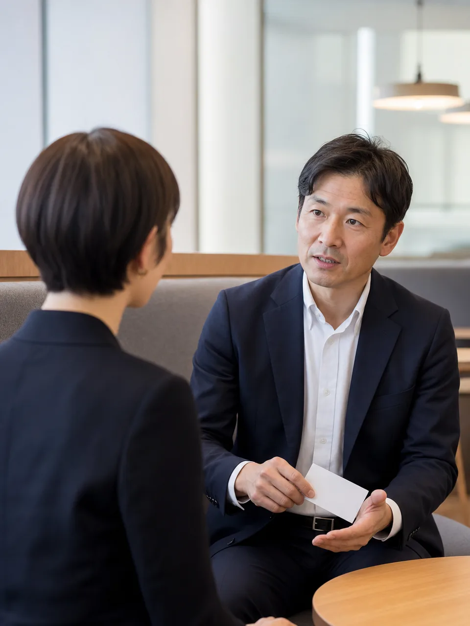 一対一の面談をする日本人の上司と部下（自然な縦位置写真）。1on1、一対一面談、フィードバック、上司と部下の記事や案内に使える商用素材です。