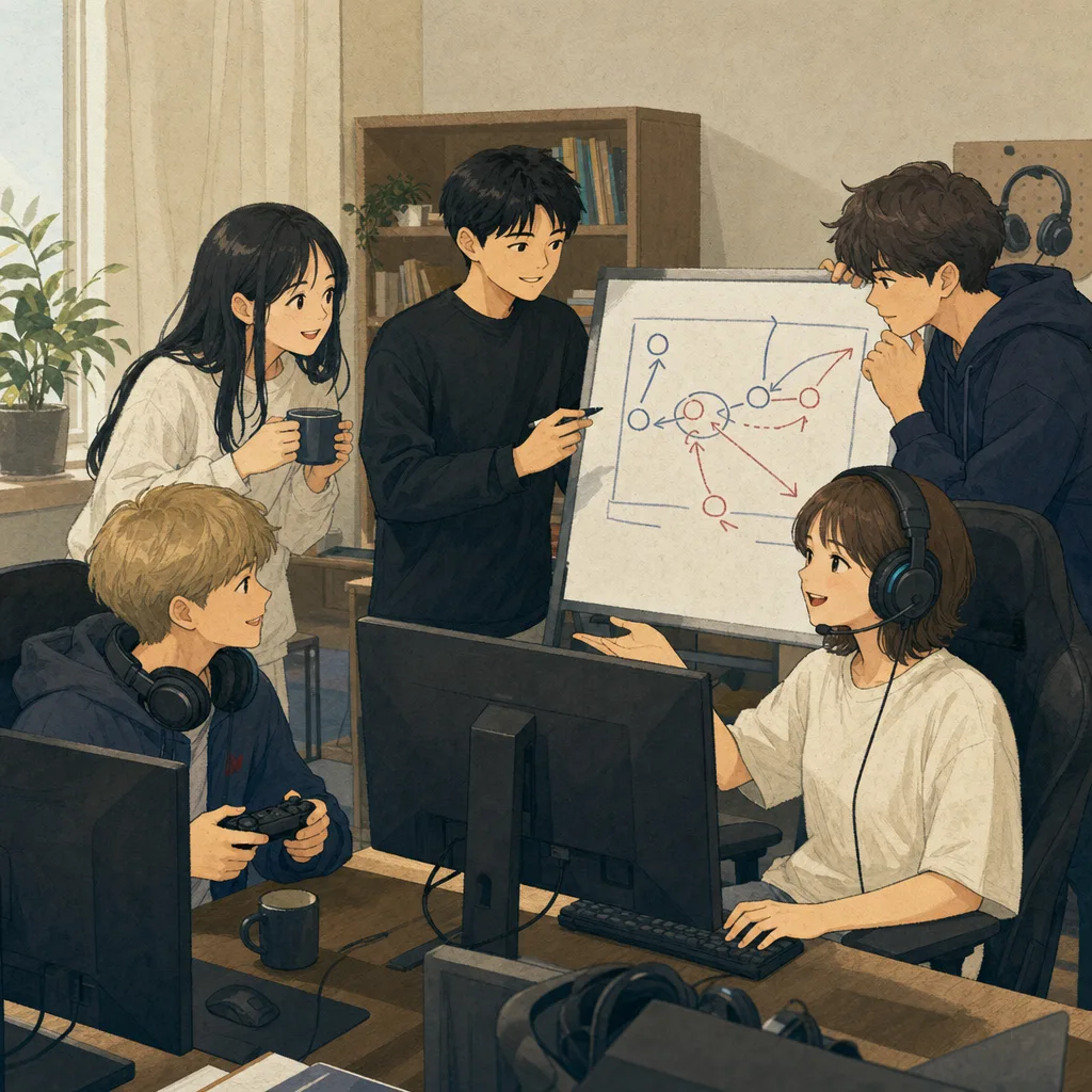 eスポーツを練習する日本人チーム（編集記事向け）。eスポーツ、ゲーム、チームワーク、デジタル人材の記事向け素材です。
