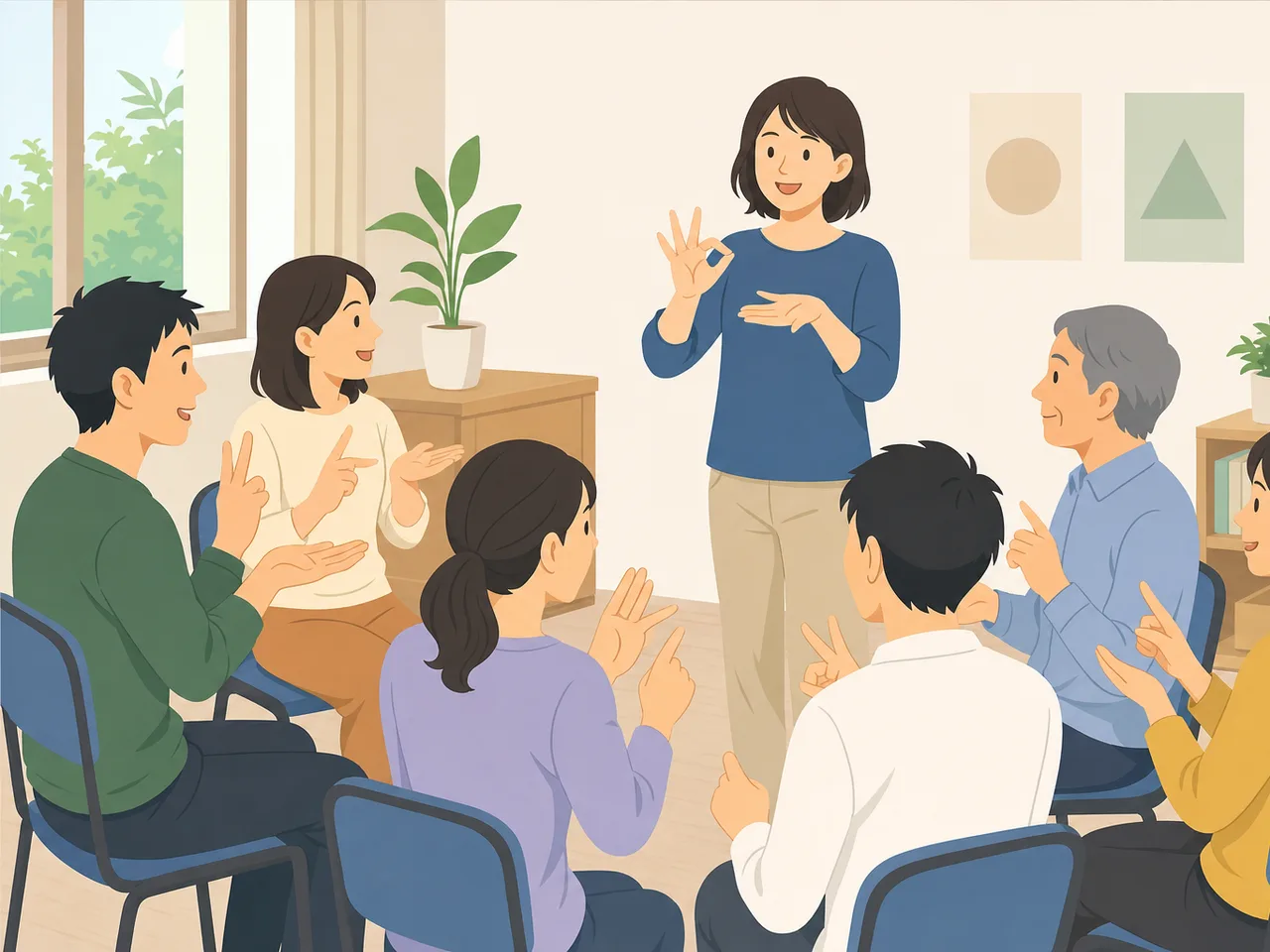 手話を学ぶ日本人グループ（フラットイラスト）。手話教室、日本手話、聴覚障害、コミュニケーションの記事や案内に使える商用素材です。