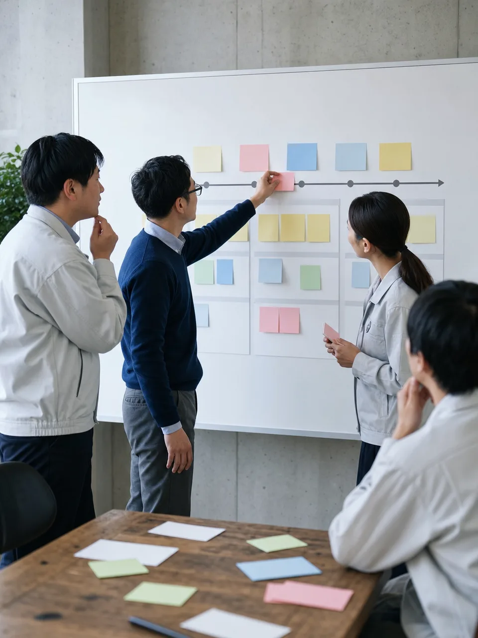 システム障害を振り返る日本人チーム（自然な縦位置写真）。障害振り返り、ポストモーテム、システム障害、インシデント管理の記事や案内に使える商用素材です。