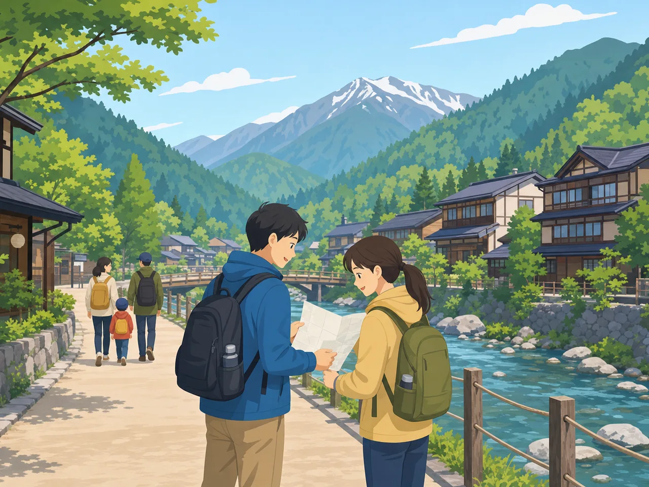 長野の山あいを旅する日本人（フラットイラスト）。長野、山岳風景、温泉町、地域旅行の記事向け素材です。