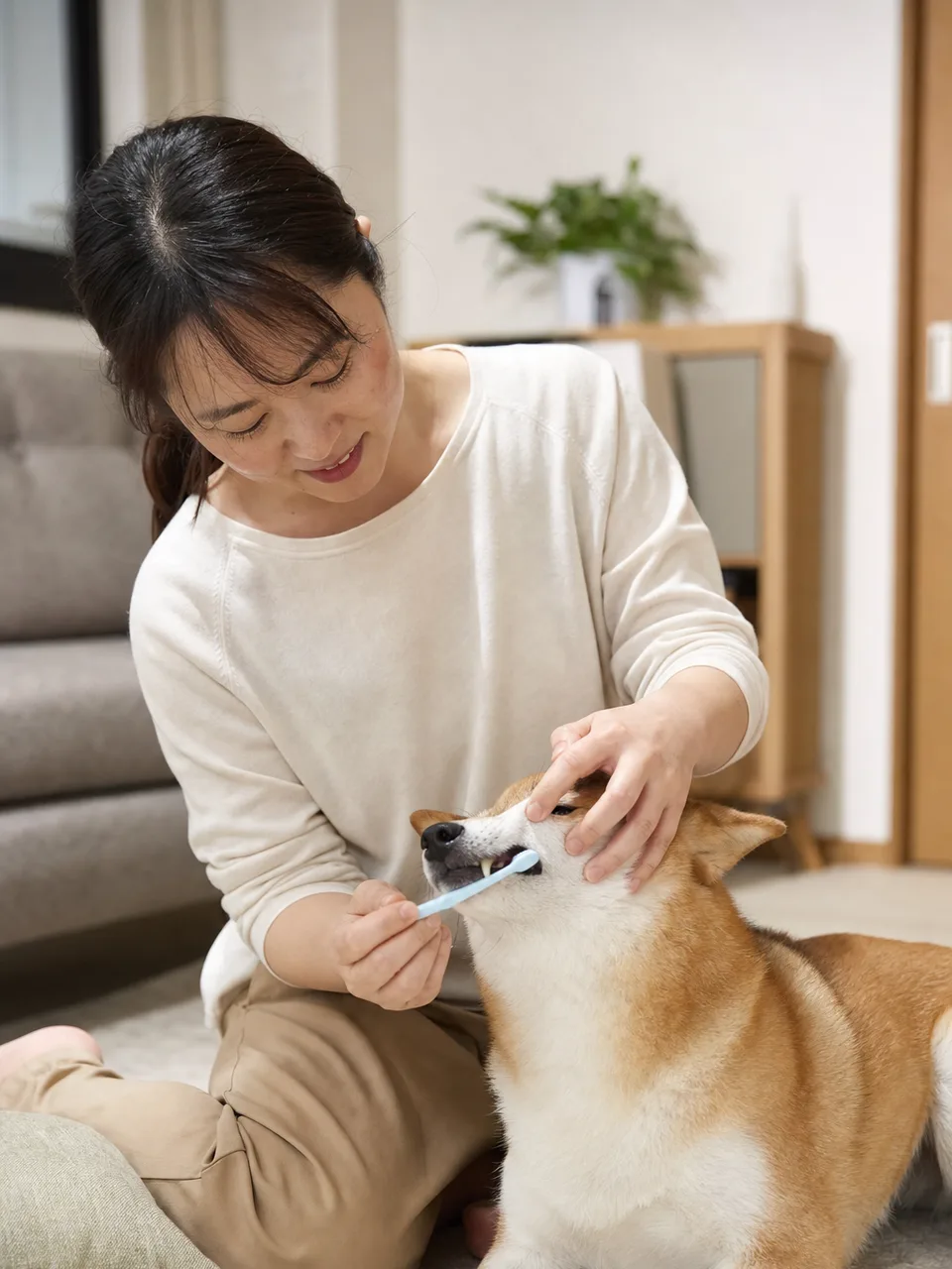 犬の歯磨きをする日本人（自然な縦位置写真）。犬の歯磨き、デンタルケア、ペットケア、犬の記事向け素材です。