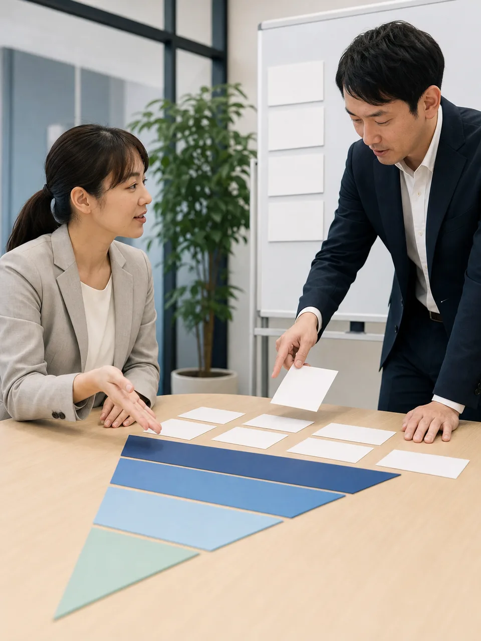 営業案件を確認する日本人チーム（自然な縦位置写真）。営業案件管理、営業パイプライン、営業会議、営業管理の記事や案内に使える商用素材です。