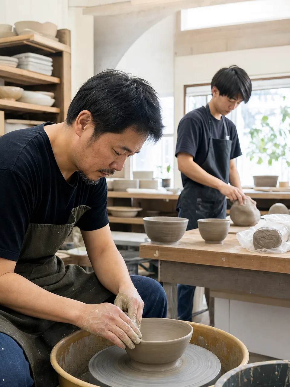 器を作る日本人陶芸家（自然な縦位置写真）。陶芸家、陶芸、工房、伝統工芸の記事に使える職人素材です。