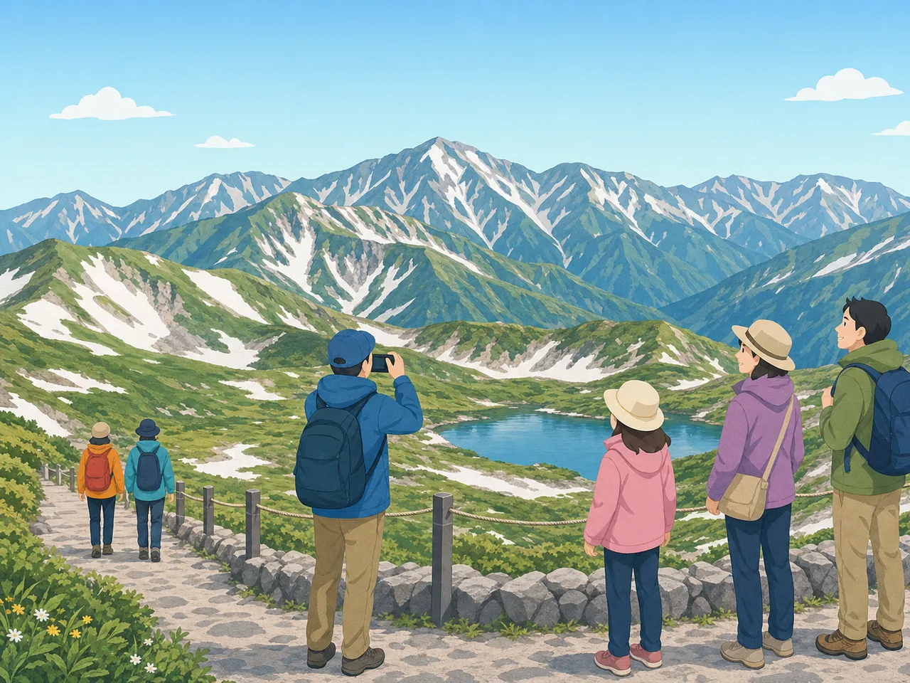富山の山岳景観を楽しむ旅行者（フラットイラスト）。富山旅行、立山、山岳観光、北陸旅行の記事や案内に使える商用素材です。