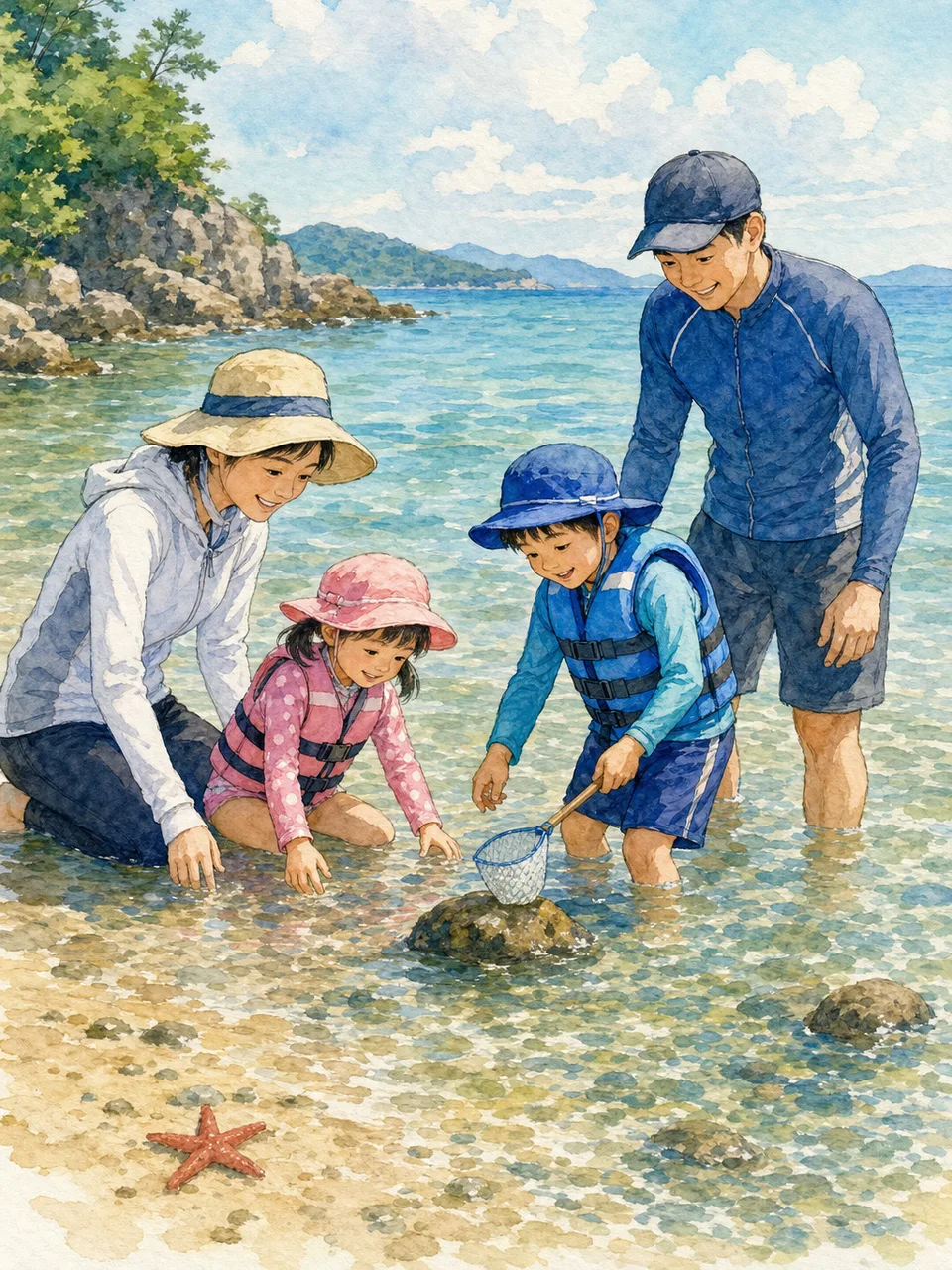 海水浴を楽しむ日本人家族（手描き水彩）。海水浴、夏休み、家族旅行、海の安全啓発に使える素材です。