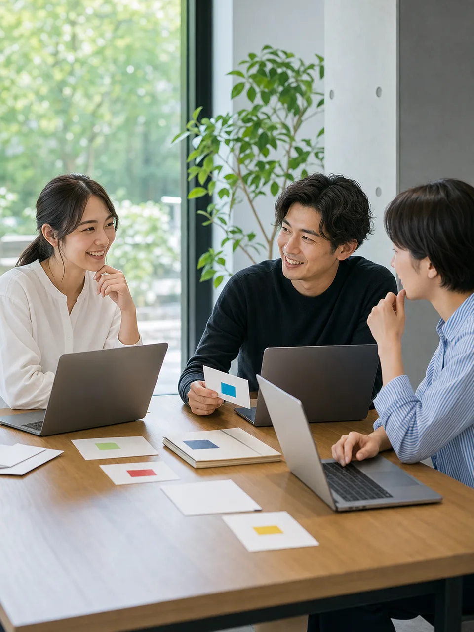 交流する日本人コワーキング利用者（自然な縦位置写真）。コワーキング交流会、ネットワーキング、コワーキング、フリーランスの記事や案内に使える商用素材です。